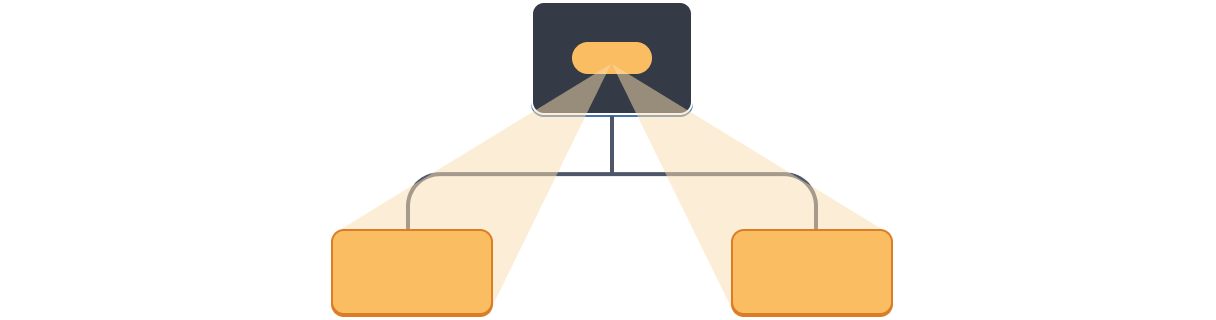 Diagram with a tree of three components. The parent contains a bubble representing a value highlighted in orange which projects down to the two children, each highlighted in orange.